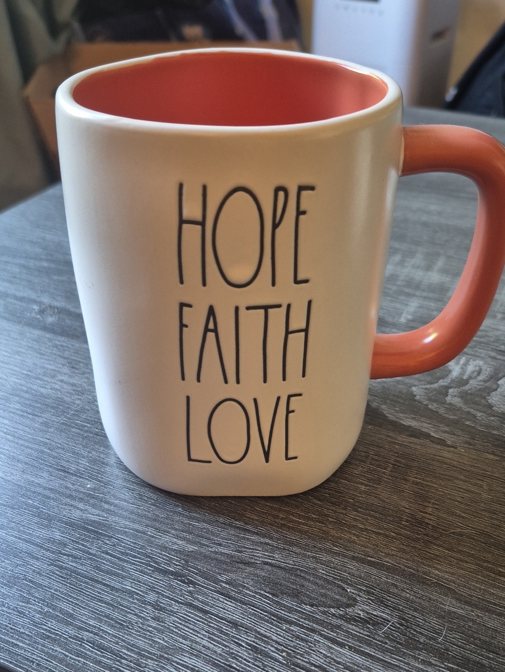 Hope Faith Love Ceramic Mug — White with Coral Interior & Handle